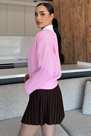 V Yaka Ön Düğmeli Kadın Örme Triko Hırka