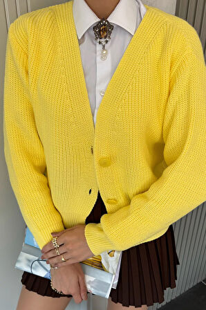 V Yaka Ön Düğmeli Kadın Örme Triko Hırka