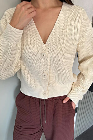 V Yaka Ön Düğmeli Kadın Örme Triko Hırka