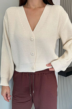 V Yaka Ön Düğmeli Kadın Örme Triko Hırka