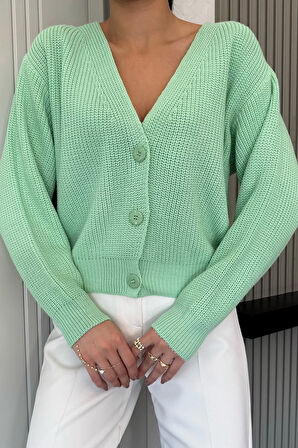 V Yaka Ön Düğmeli Kadın Örme Triko Hırka