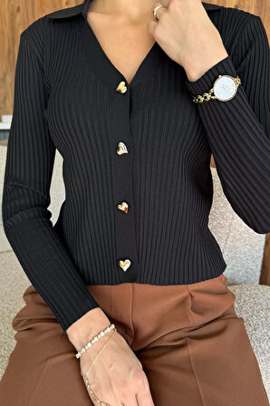 Kadın Polo Yaka Gold Düğmeli Triko Hırka (s-m-l Beden Uyumludur.)