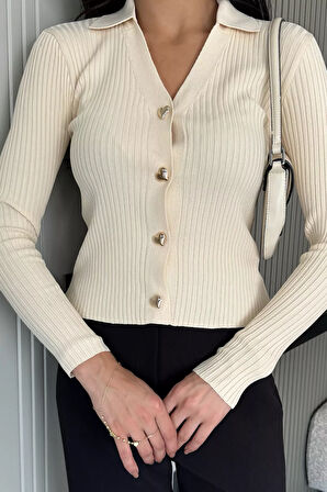 Kadın Polo Yaka Gold Düğmeli Triko Hırka (s-m-l Beden Uyumludur.)