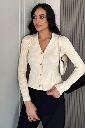 Kadın Polo Yaka Gold Düğmeli Triko Hırka (s-m-l Beden Uyumludur.)