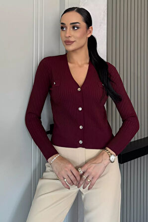 Kadın Kendinden Çizgi Desenli Gold Düğme Detaylı Triko Hırka (s-m-l Beden Uyumludur.)