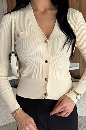 Kadın Kendinden Çizgi Desenli Gold Düğme Detaylı Triko Hırka (s-m-l Beden Uyumludur.)