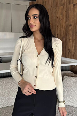 Kadın Kendinden Çizgi Desenli Gold Düğme Detaylı Triko Hırka (s-m-l Beden Uyumludur.)