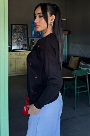 Kadın Fiyonk Nakışlı Triko Hırka