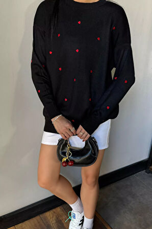 Kadın Kalp Nakışlı Triko Kazak