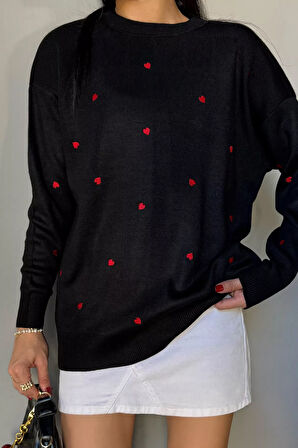 Kadın Kalp Nakışlı Triko Kazak