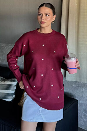 Kadın Kalp Nakışlı Triko Kazak