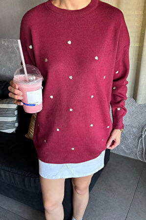 Kadın Kalp Nakışlı Triko Kazak