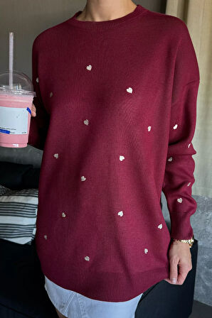 Kadın Kalp Nakışlı Triko Kazak