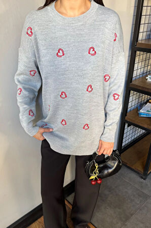 Kalp Nakışlı Kadın Triko Kazak