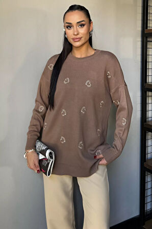 Kalp Nakışlı Kadın Triko Kazak