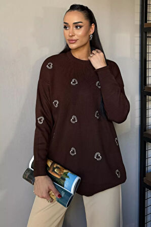 Kalp Nakışlı Kadın Triko Kazak