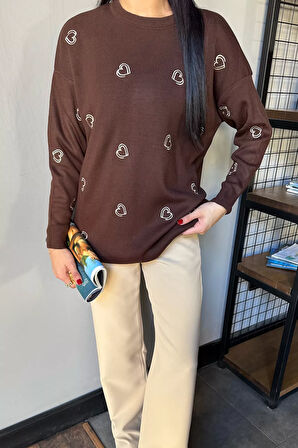 Kalp Nakışlı Kadın Triko Kazak