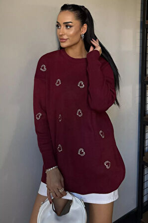 Kalp Nakışlı Kadın Triko Kazak