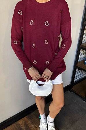 Kalp Nakışlı Kadın Triko Kazak