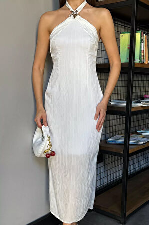 Kadın Boyun Bağlamalı Gold Aksesuar Detaylı Elbise