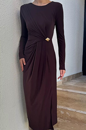 Bel Büzgülü Tokalı Kadın Elbise