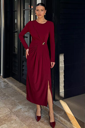 Bel Büzgülü Tokalı Kadın Elbise