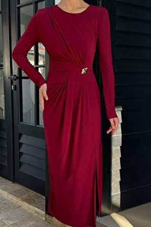 Bel Büzgülü Tokalı Kadın Elbise