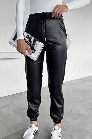 Kadın Bel Ve Paça Lastikli Suni Deri Pantolon