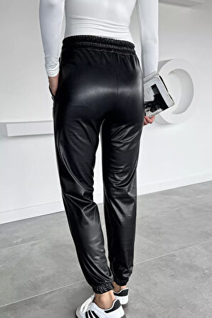 Kadın Bel Ve Paça Lastikli Suni Deri Pantolon