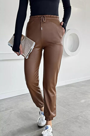 Kadın Bel Ve Paça Lastikli Suni Deri Pantolon