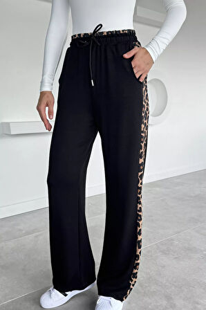 Kadın Leopar Detaylı Bel Lastikli Palazzo Pantolon