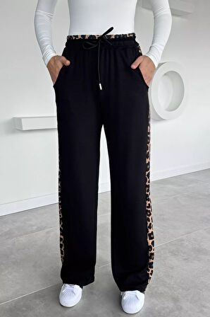 Kadın Leopar Detaylı Bel Lastikli Palazzo Pantolon