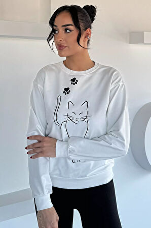 Kadın Bisiklet Yaka Ön Baskılı Sweatshirt