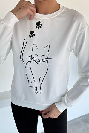 Kadın Bisiklet Yaka Ön Baskılı Sweatshirt