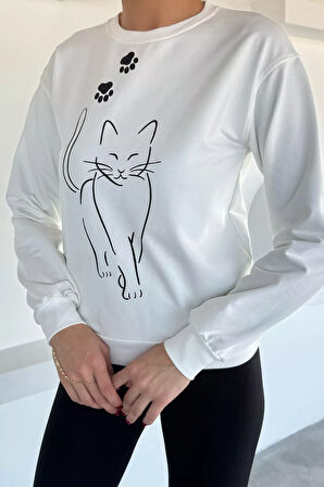 Kadın Bisiklet Yaka Ön Baskılı Sweatshirt