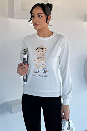 Kadın Bisiklet Yaka Baskılı Taş İşlemeli Sweatshirt