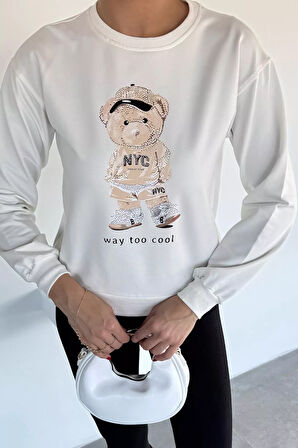 Kadın Bisiklet Yaka Baskılı Taş İşlemeli Sweatshirt