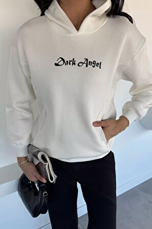 Kadın Kapüşonlu Kanguru Cepli Baskılı Üç İplik Şardonlu Sweatshirt