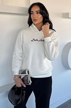 Kadın Kapüşonlu Kanguru Cepli Baskılı Üç İplik Şardonlu Sweatshirt