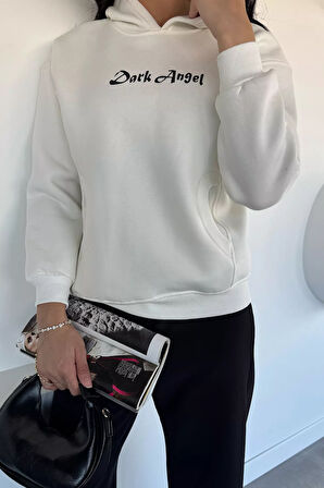 Kadın Kapüşonlu Kanguru Cepli Baskılı Üç İplik Şardonlu Sweatshirt