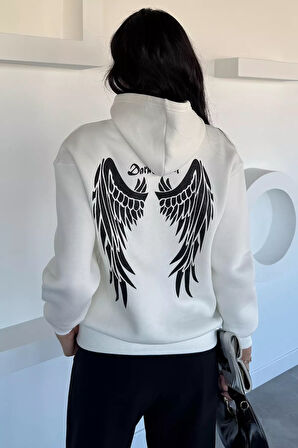 Kadın Kapüşonlu Kanguru Cepli Baskılı Üç İplik Şardonlu Sweatshirt