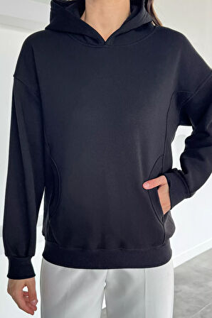 Kadın Kapüşonlu Kanguru Cepli Üç İplik Şardonlu Sweatshirt