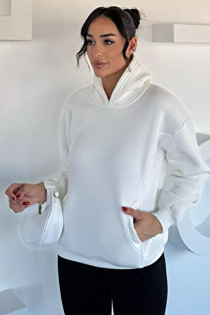 Kadın Kapüşonlu Kanguru Cepli Üç İplik Şardonlu Sweatshirt