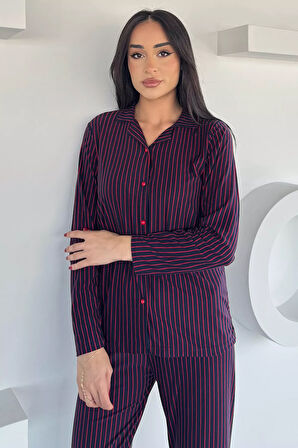 Kadın Düğmeli Desenli Süet Pijama Takımı