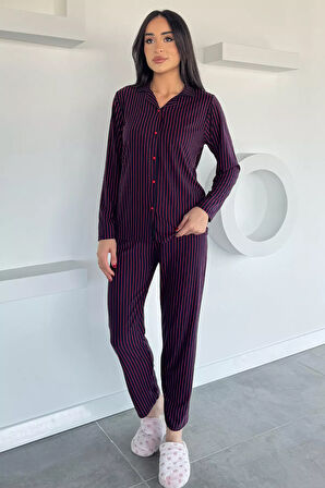 Kadın Düğmeli Desenli Süet Pijama Takımı