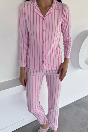 Kadın Düğmeli Desenli Süet Pijama Takımı