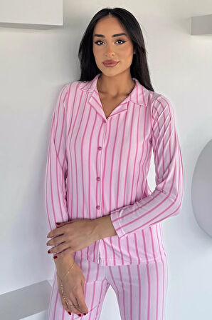 Kadın Düğmeli Desenli Süet Pijama Takımı