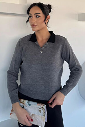 Kadın Yarım Düğmeli Triko Kazak