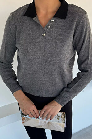 Kadın Yarım Düğmeli Triko Kazak