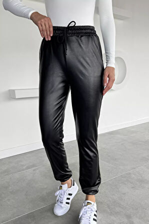 Kadın Bel Ve Paça Lastikli Suni Deri Pantolon